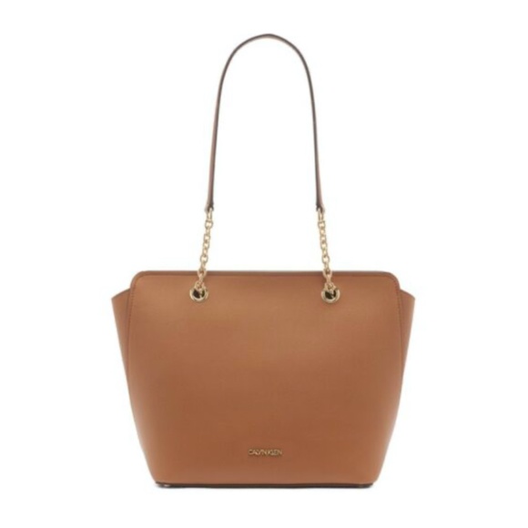 Calvin Klein Tan Hailey Micro Pebble Top Zip Chain Tote